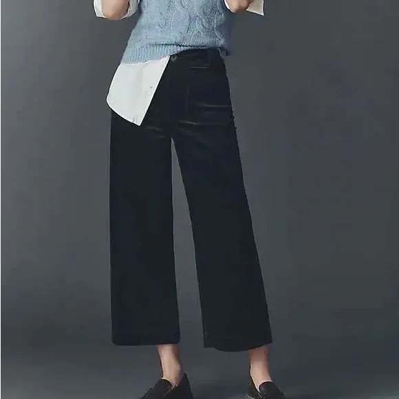 Anthropologie Maeve Colette Bow Corduroy Wide Crop Leg Pants 28 Forest Green - Picture 1 of 14